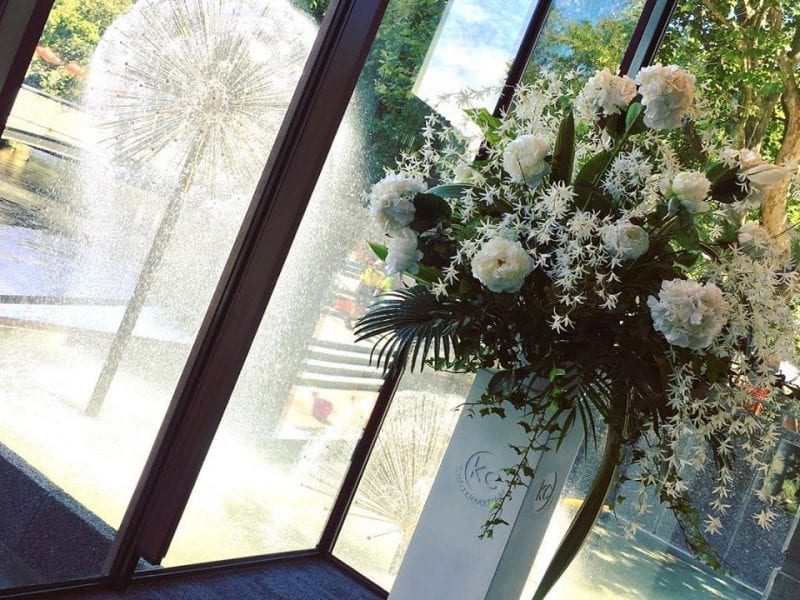 Beautiful flower arrangements for the Christchurch Town Hall by Kim Chan Events